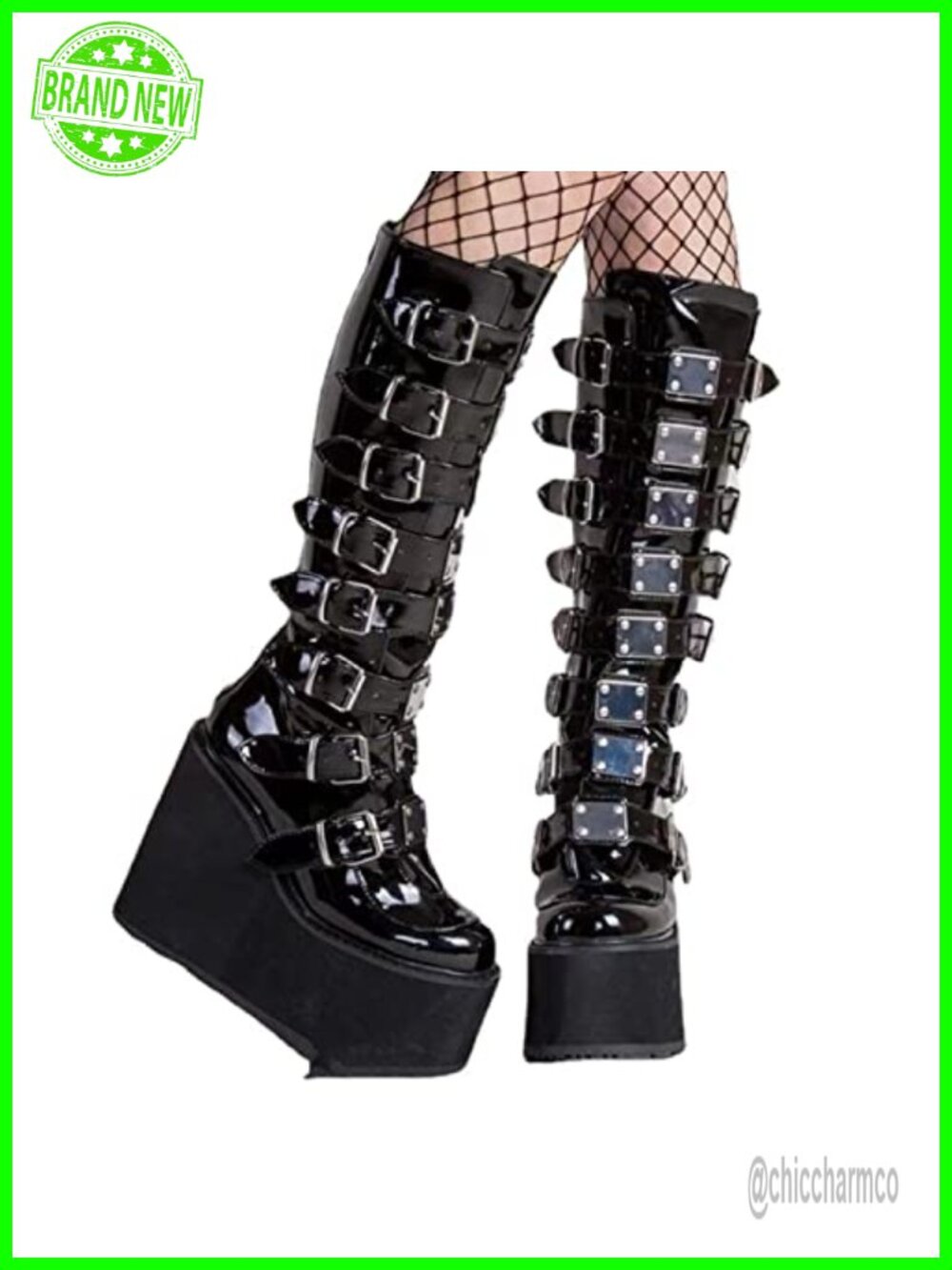 Platform Punk Goth Mid Calf Boots Rivets Metal Knee High Combat Booties